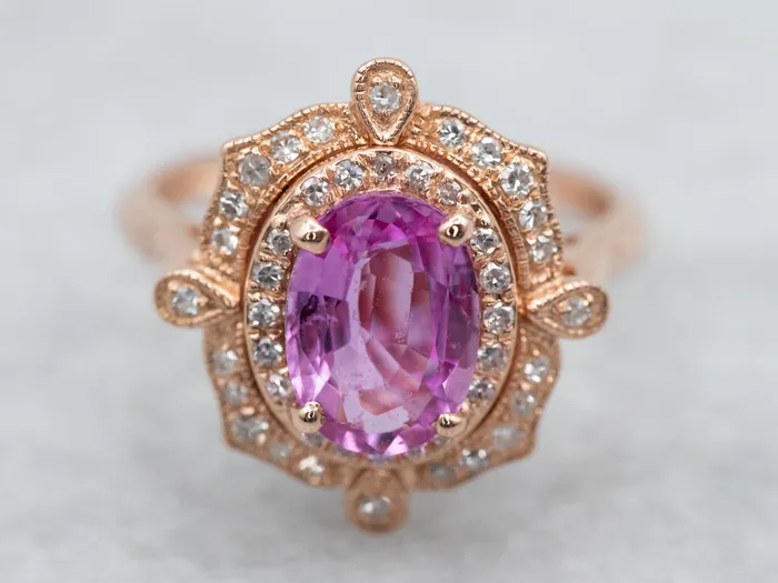 Rings Market Square Jewelers Ornate Pink Sapphire Rose Gold Halo Ring
