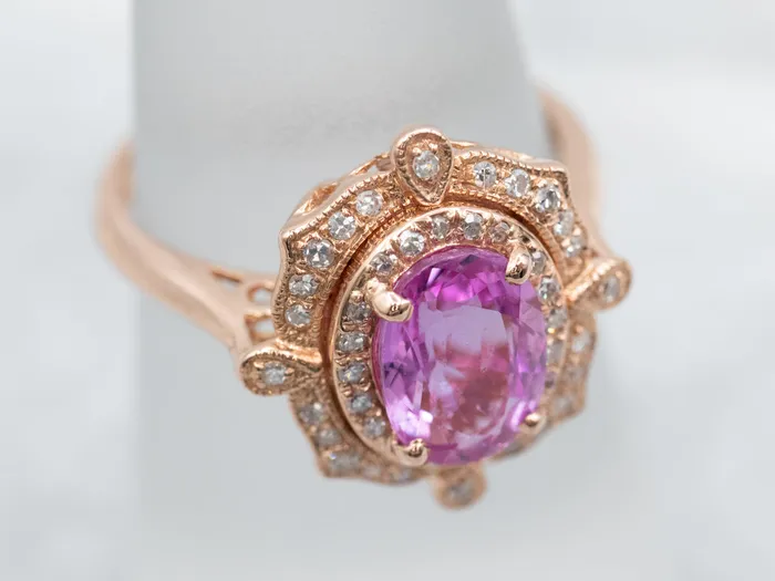 Rings Market Square Jewelers Ornate Pink Sapphire Rose Gold Halo Ring Rings Market Square Jewelers Ornate Pink Sapphire Rose Gold Halo Ring