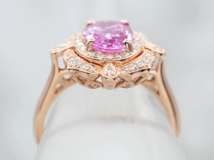 Rings Market Square Jewelers Ornate Pink Sapphire Rose Gold Halo Ring Rings Market Square Jewelers Ornate Pink Sapphire Rose Gold Halo Ring