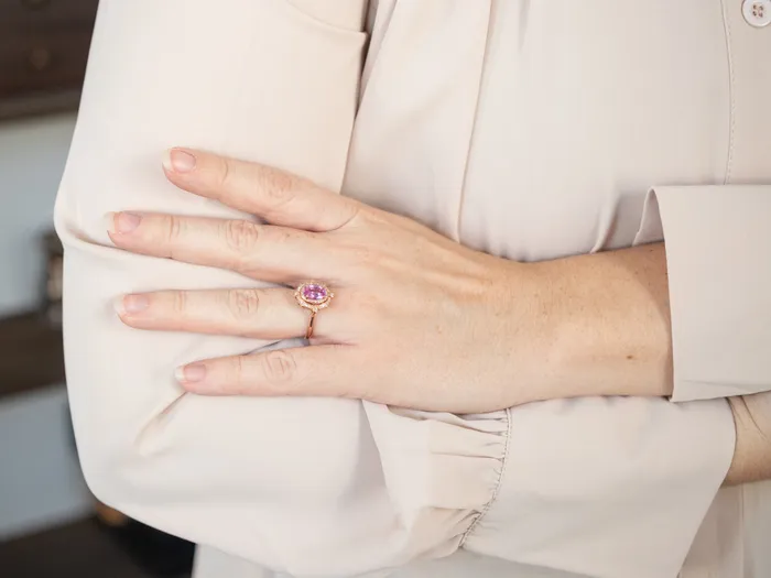 Rings Market Square Jewelers Ornate Pink Sapphire Rose Gold Halo Ring Rings Market Square Jewelers Ornate Pink Sapphire Rose Gold Halo Ring