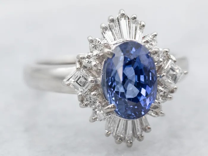 Rings Market Square Jewelers Platinum Oval Cut Sapphire Engagement Ring with Round and Baguette Cut Diamond Halo Rings Market Square Jewelers Platinum Oval Cut Sapphire Engagement Ring with Round and Baguette Cut Diamond Halo