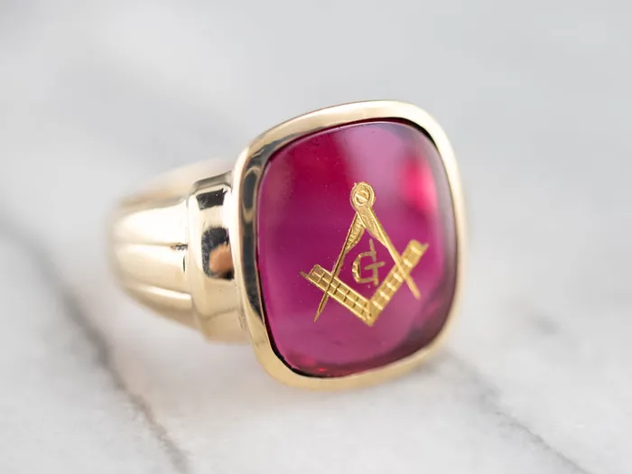 Rings Market Square Jewelers Retro Mens Ruby Red Glass Masonic Ring
