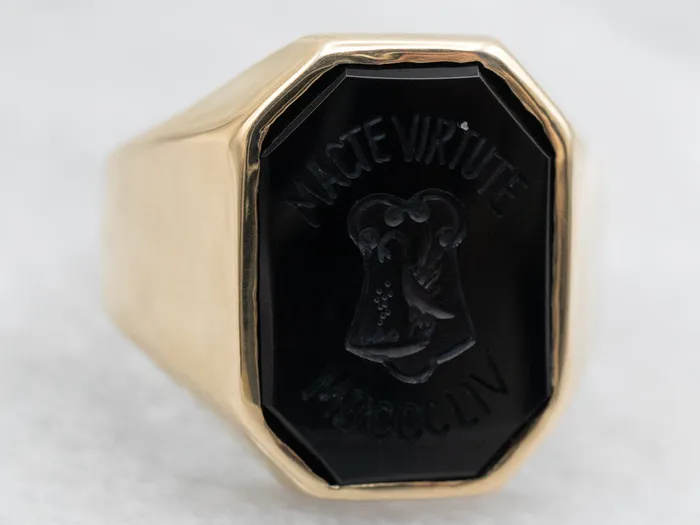 Rings Market Square Jewelers Vintage MACTE VIRTUTE MDCCCLIV Carved Black Onyx College Ring Rings Market Square Jewelers Vintage MACTE VIRTUTE MDCCCLIV Carved Black Onyx College Ring