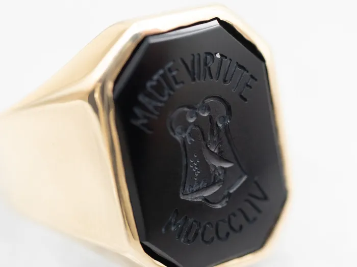 Rings Market Square Jewelers Vintage MACTE VIRTUTE MDCCCLIV Carved Black Onyx College Ring Rings Market Square Jewelers Vintage MACTE VIRTUTE MDCCCLIV Carved Black Onyx College Ring