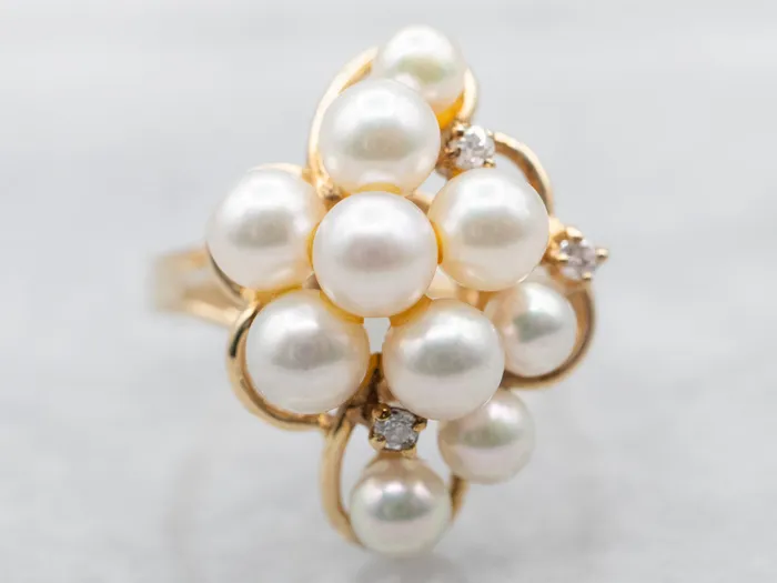 Rings Market Square Jewelers Yellow Gold Pearl and Diamond Cluster Ring