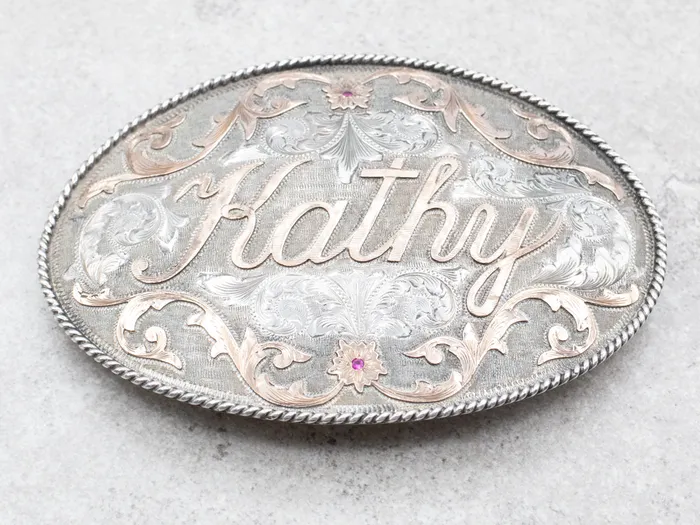 Rings Sterling Silver and Rose Gold KATHY Belt Buckle with Ruby Accents Market Square Jewelers
