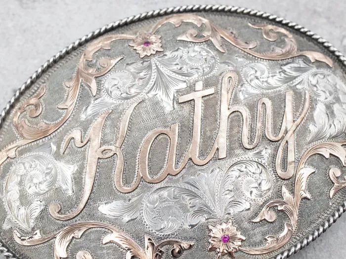 Rings Sterling Silver and Rose Gold KATHY Belt Buckle with Ruby Accents Market Square Jewelers Rings Sterling Silver and Rose Gold KATHY Belt Buckle with Ruby Accents Market Square Jewelers