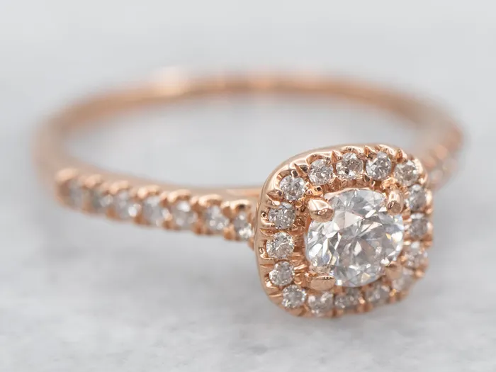Rose Gold Diamond Halo Engagement Ring Market Square Jewelers Rings