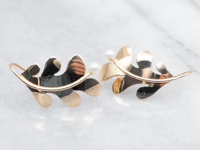 Saltwater Pearl Gold Leaf Drop Earrings Market Square Jewelers Earrings