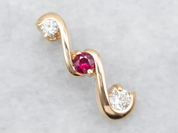 Scrolling Gold Ruby and Diamond Pendant Market Square Jewelers Necklaces