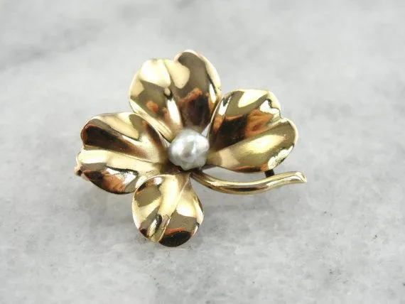 Shamrock and Natural Pearl Pin in Polished Gold Market Square Jewelers Earrings Shamrock and Natural Pearl Pin in Polished Gold Market Square Jewelers Earrings