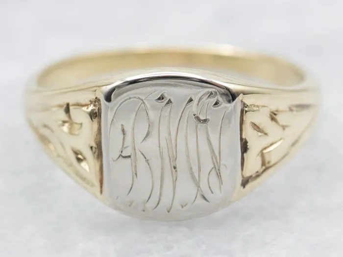 Two Tone BMN Engraved Monogram Signet Ring Market Square Jewelers Rings