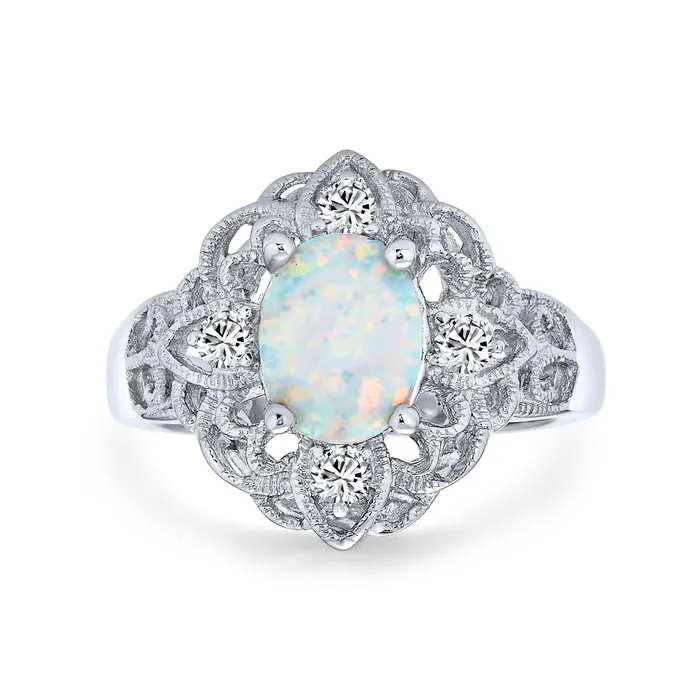 Vintage Style Silver Ring with Cubic Zirconia and Opal Filigree Design BlingJewelry Wholesale Rings Vintage Style Silver Ring with Cubic Zirconia and Opal Filigree Design BlingJewelry Wholesale Rings
