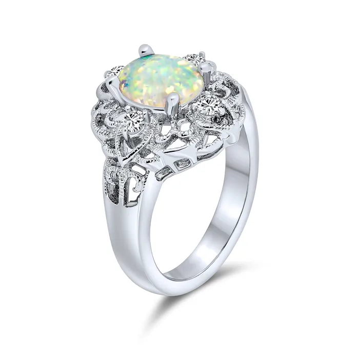 Vintage Style Silver Ring with Cubic Zirconia and Opal Filigree Design BlingJewelry Wholesale Rings