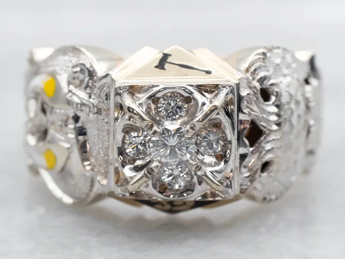 Yellow and White Gold Enamel and Diamond Cluster Masonic Ring Market Square Jewelers Rings Yellow and White Gold Enamel and Diamond Cluster Masonic Ring Market Square Jewelers Rings