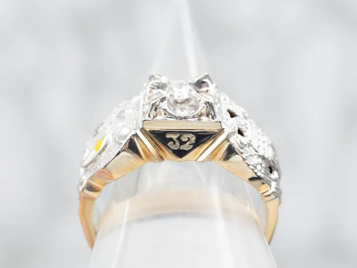 Yellow and White Gold Enamel and Diamond Cluster Masonic Ring Market Square Jewelers Rings Yellow and White Gold Enamel and Diamond Cluster Masonic Ring Market Square Jewelers Rings