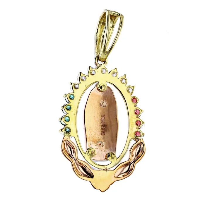 14K Gold Tricolor 45x21mm Virgin Mary Ruby Emerald White Pendant DecadenceJewelry Necklaces 14K Gold Tricolor 45x21mm Virgin Mary Ruby Emerald White Pendant DecadenceJewelry Necklaces