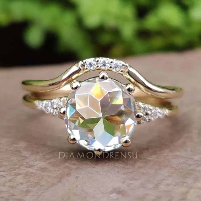 220 TCW Round Rose Cut Elegant Muse Engagement Ring with Curved Wedding Band Diamondrensu Rings