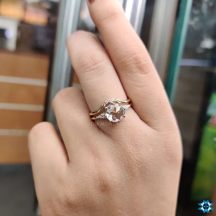 220 TCW Round Rose Cut Elegant Muse Engagement Ring with Curved Wedding Band Diamondrensu Rings 220 TCW Round Rose Cut Elegant Muse Engagement Ring with Curved Wedding Band Diamondrensu Rings