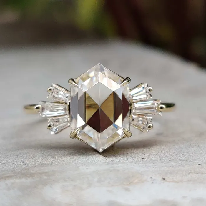 234 TCW Hexagon Rose Cut with Tapered Baguette Moissanite Engagement Ring Diamondrensu Rings