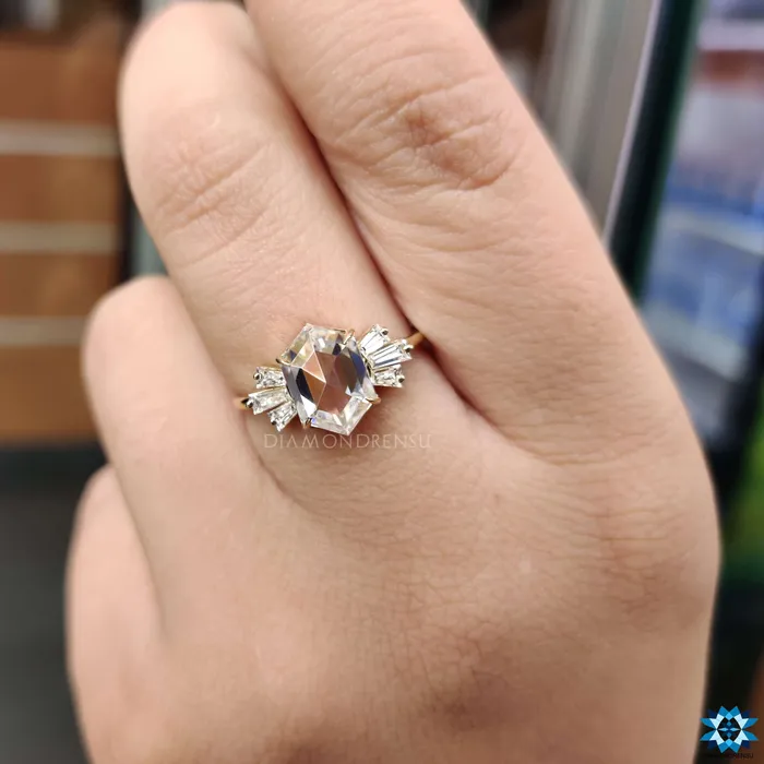 234 TCW Hexagon Rose Cut with Tapered Baguette Moissanite Engagement Ring Diamondrensu Rings 234 TCW Hexagon Rose Cut with Tapered Baguette Moissanite Engagement Ring Diamondrensu Rings