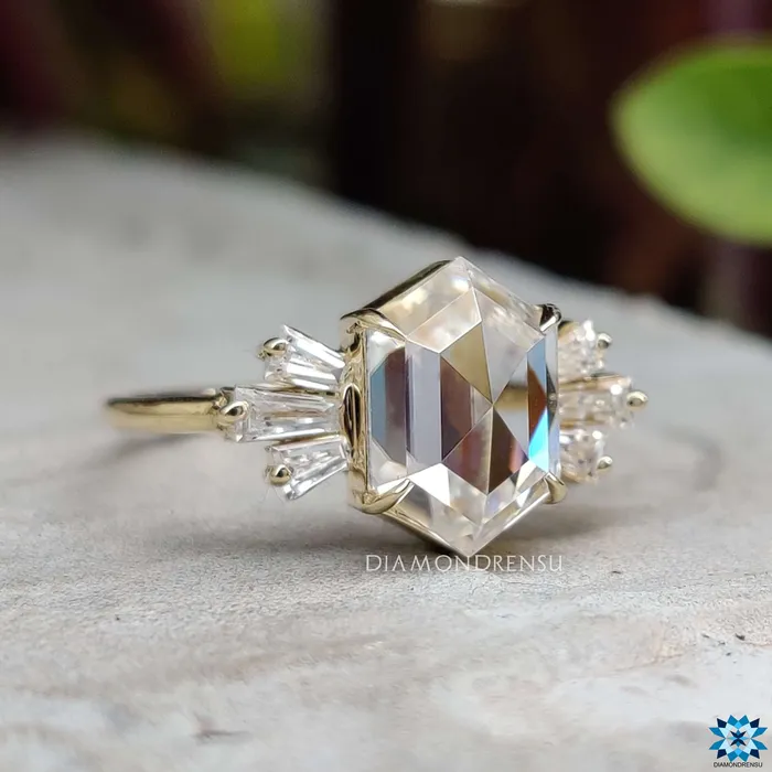 234 TCW Hexagon Rose Cut with Tapered Baguette Moissanite Engagement Ring Diamondrensu Rings 234 TCW Hexagon Rose Cut with Tapered Baguette Moissanite Engagement Ring Diamondrensu Rings
