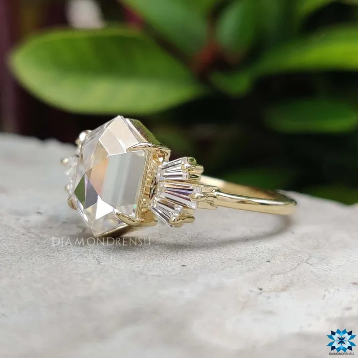 234 TCW Hexagon Rose Cut with Tapered Baguette Moissanite Engagement Ring Diamondrensu Rings 234 TCW Hexagon Rose Cut with Tapered Baguette Moissanite Engagement Ring Diamondrensu Rings