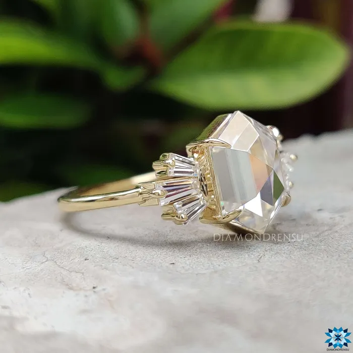 234 TCW Hexagon Rose Cut with Tapered Baguette Moissanite Engagement Ring Diamondrensu Rings 234 TCW Hexagon Rose Cut with Tapered Baguette Moissanite Engagement Ring Diamondrensu Rings