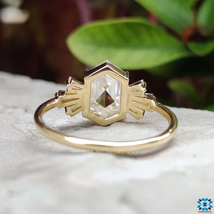 234 TCW Hexagon Rose Cut with Tapered Baguette Moissanite Engagement Ring Diamondrensu Rings 234 TCW Hexagon Rose Cut with Tapered Baguette Moissanite Engagement Ring Diamondrensu Rings