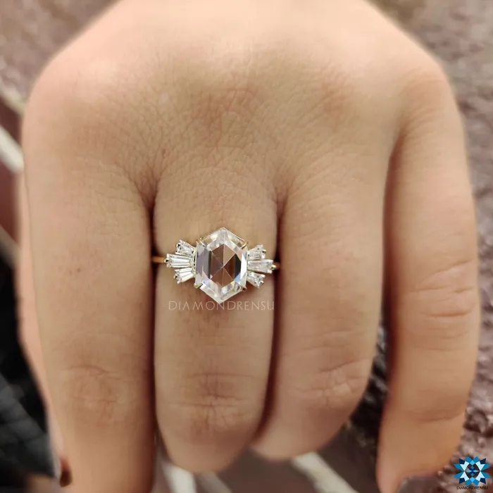 234 TCW Hexagon Rose Cut with Tapered Baguette Moissanite Engagement Ring Diamondrensu Rings 234 TCW Hexagon Rose Cut with Tapered Baguette Moissanite Engagement Ring Diamondrensu Rings