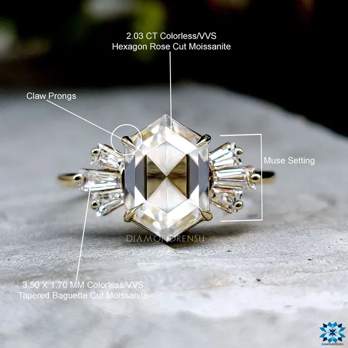 234 TCW Hexagon Rose Cut with Tapered Baguette Moissanite Engagement Ring Diamondrensu Rings 234 TCW Hexagon Rose Cut with Tapered Baguette Moissanite Engagement Ring Diamondrensu Rings