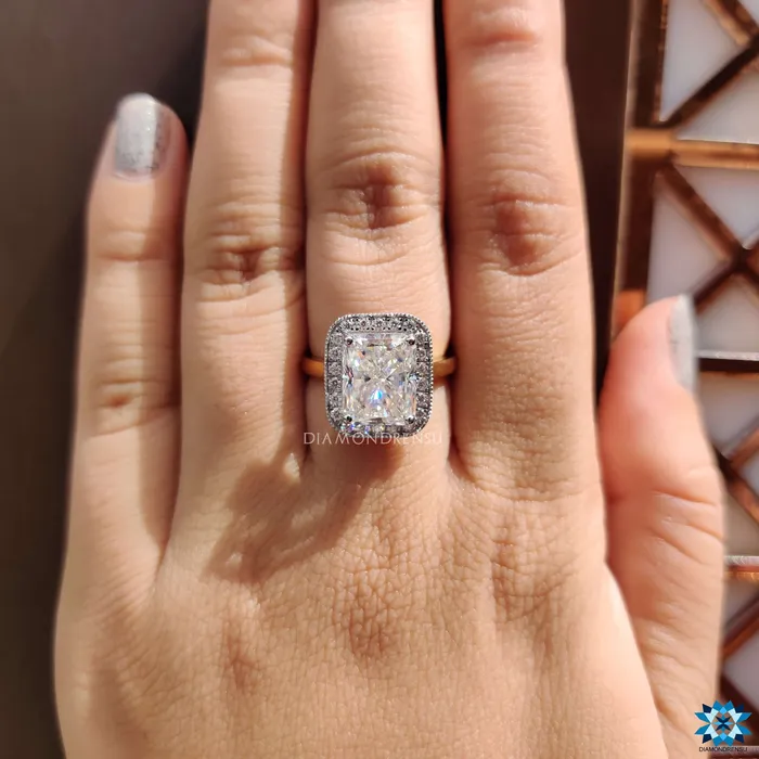 506 TCW Radiant Cut Cathedral Set Halo Moissanite Engagement Ring Diamondrensu Rings 506 TCW Radiant Cut Cathedral Set Halo Moissanite Engagement Ring Diamondrensu Rings