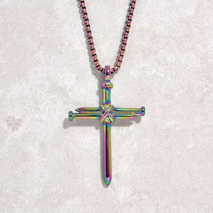 Aurora Borealis Cross Steel Hearts Necklace Kalifano Necklaces