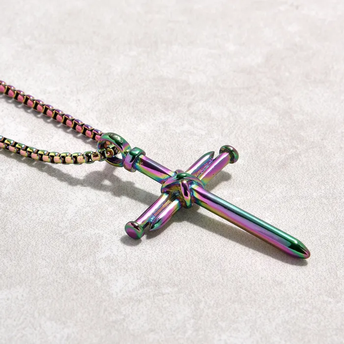 Aurora Borealis Cross Steel Hearts Necklace Kalifano Necklaces