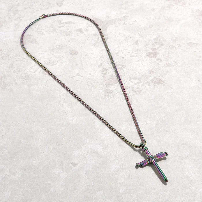 Aurora Borealis Cross Steel Hearts Necklace Kalifano Necklaces