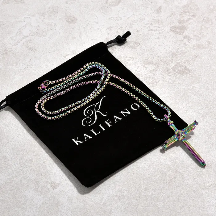 Aurora Borealis Cross Steel Hearts Necklace Kalifano Necklaces