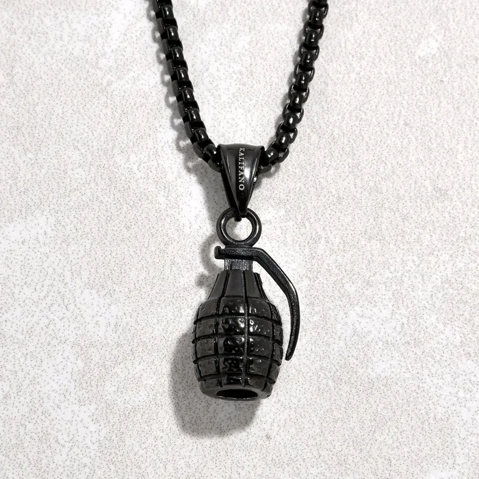 Black Gun Metal Grenade Steel Hearts Necklace Kalifano Necklaces
