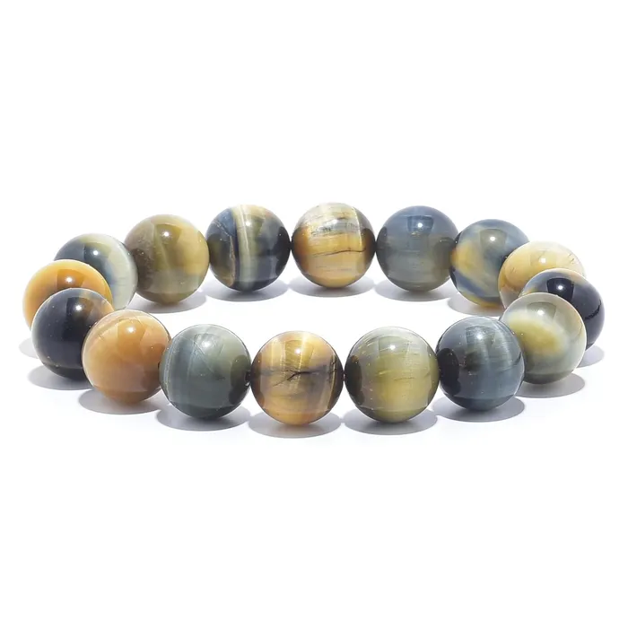 Bracelets Kalifano Blue and Yellow Tiger Eye Natural Gemstone Bead Elastic Bracelet