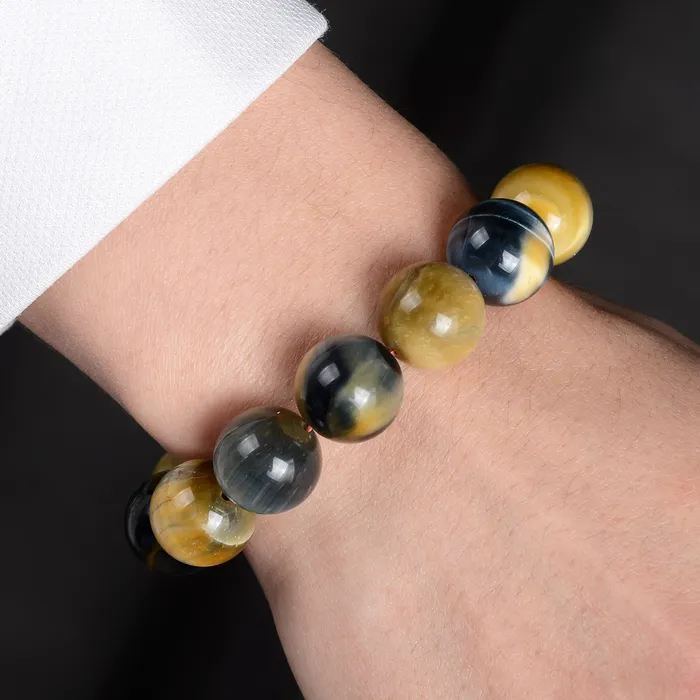 Bracelets Kalifano Blue and Yellow Tiger Eye Natural Gemstone Bead Elastic Bracelet