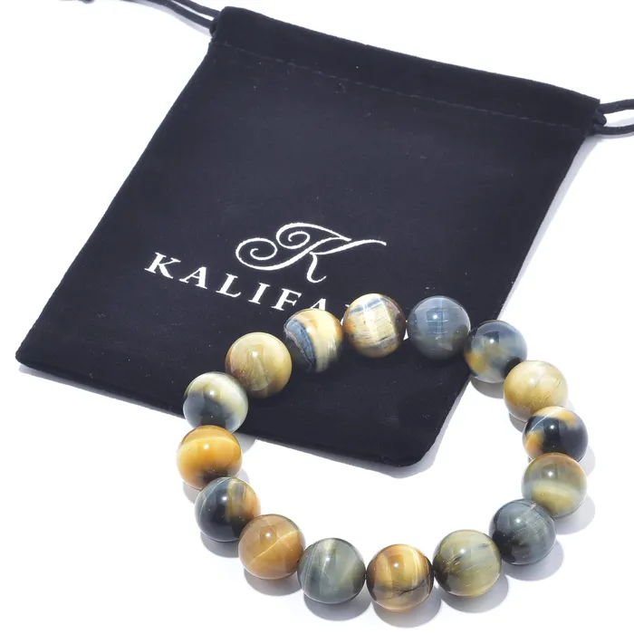 Bracelets Kalifano Blue and Yellow Tiger Eye Natural Gemstone Bead Elastic Bracelet