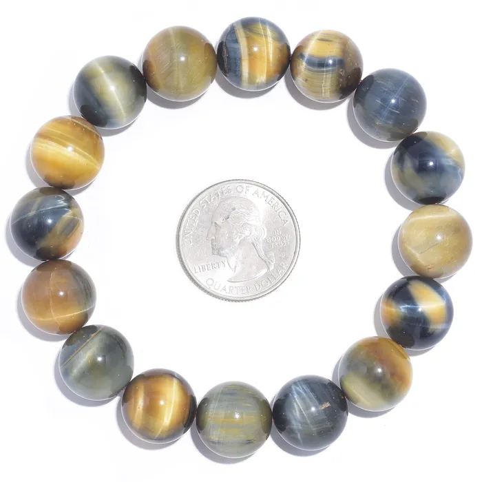 Bracelets Kalifano Blue and Yellow Tiger Eye Natural Gemstone Bead Elastic Bracelet