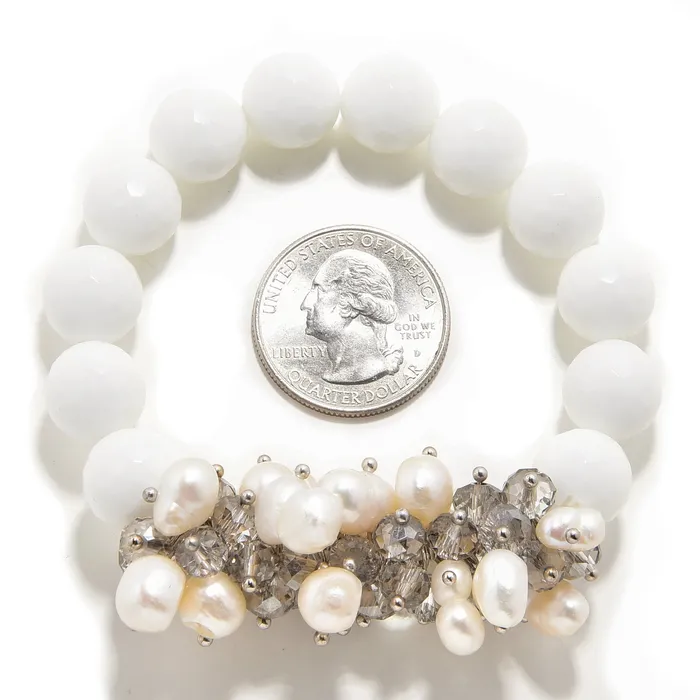 Bracelets Kalifano Faceted White Ceramics Freshwater Pearls 12mm Gemstone Bead Elastic Bracelet