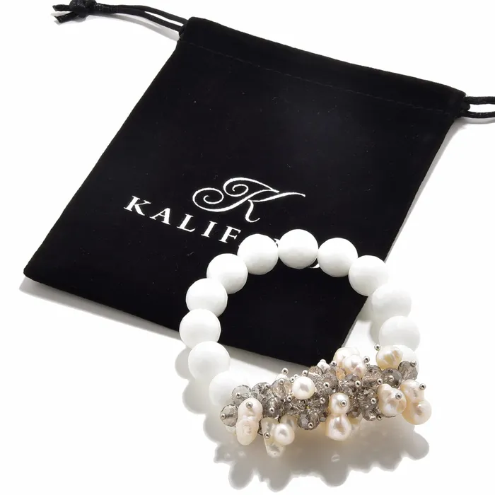 Bracelets Kalifano Faceted White Ceramics Freshwater Pearls 12mm Gemstone Bead Elastic Bracelet