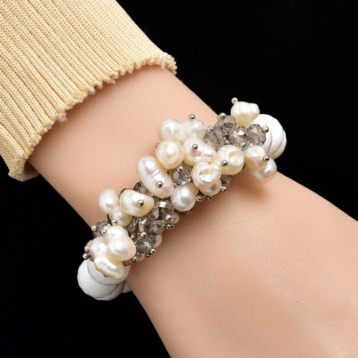 Bracelets Kalifano Faceted White Ceramics Freshwater Pearls 12mm Gemstone Bead Elastic Bracelet