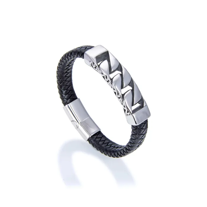 Bracelets Steel Hearts Flat Curb Chain Black Leather Bracelet Kalifano
