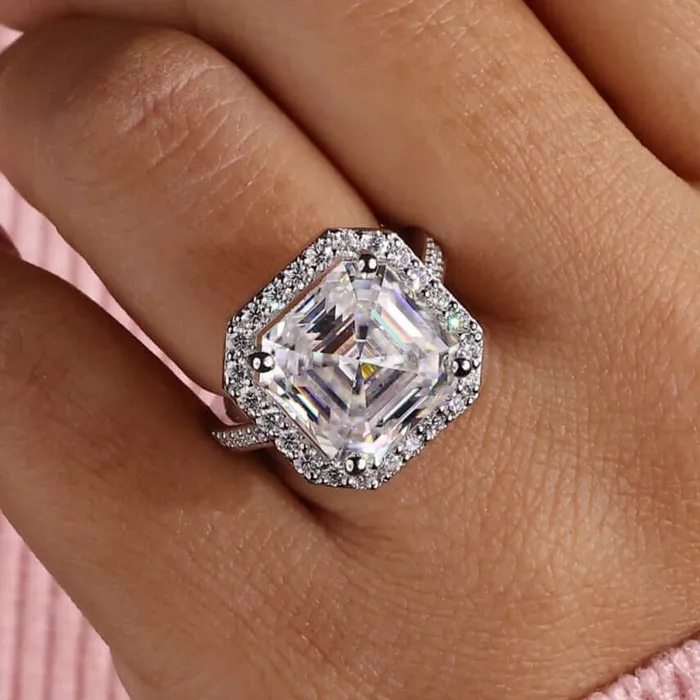 Cathedral Set Asscher Cut Moissanite Halo Engagement Ring Diamondrensu Rings Cathedral Set Asscher Cut Moissanite Halo Engagement Ring Diamondrensu Rings