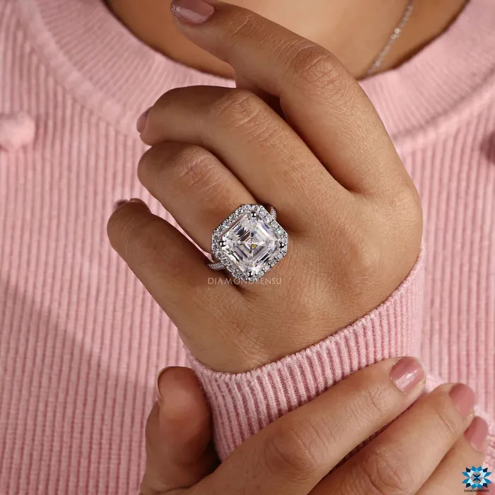 Cathedral Set Asscher Cut Moissanite Halo Engagement Ring Diamondrensu Rings