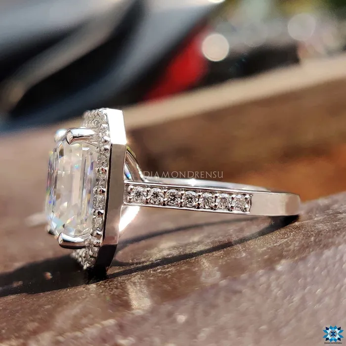 Cathedral Set Asscher Cut Moissanite Halo Engagement Ring Diamondrensu Rings