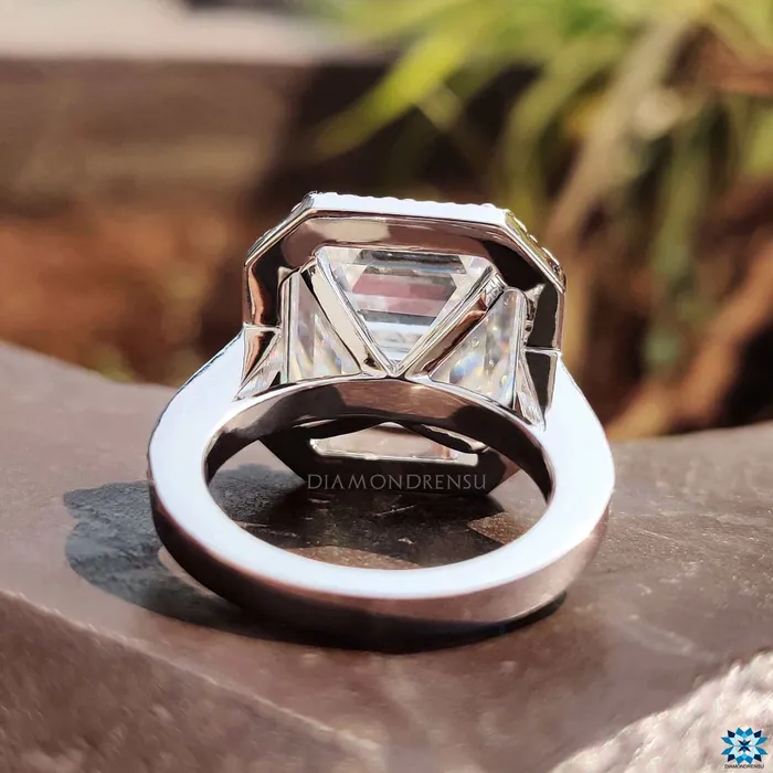 Cathedral Set Asscher Cut Moissanite Halo Engagement Ring Diamondrensu Rings
