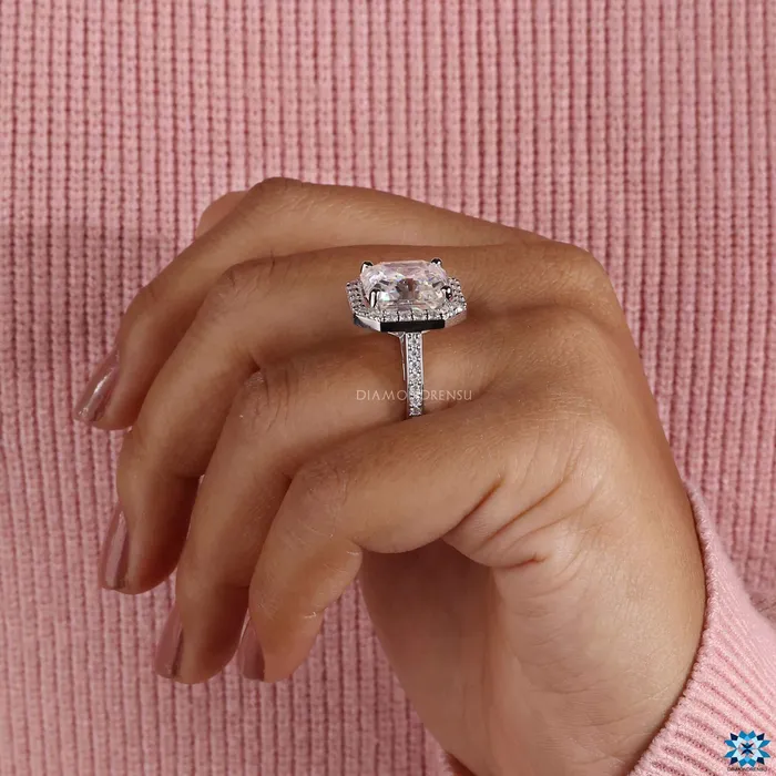 Cathedral Set Asscher Cut Moissanite Halo Engagement Ring Diamondrensu Rings